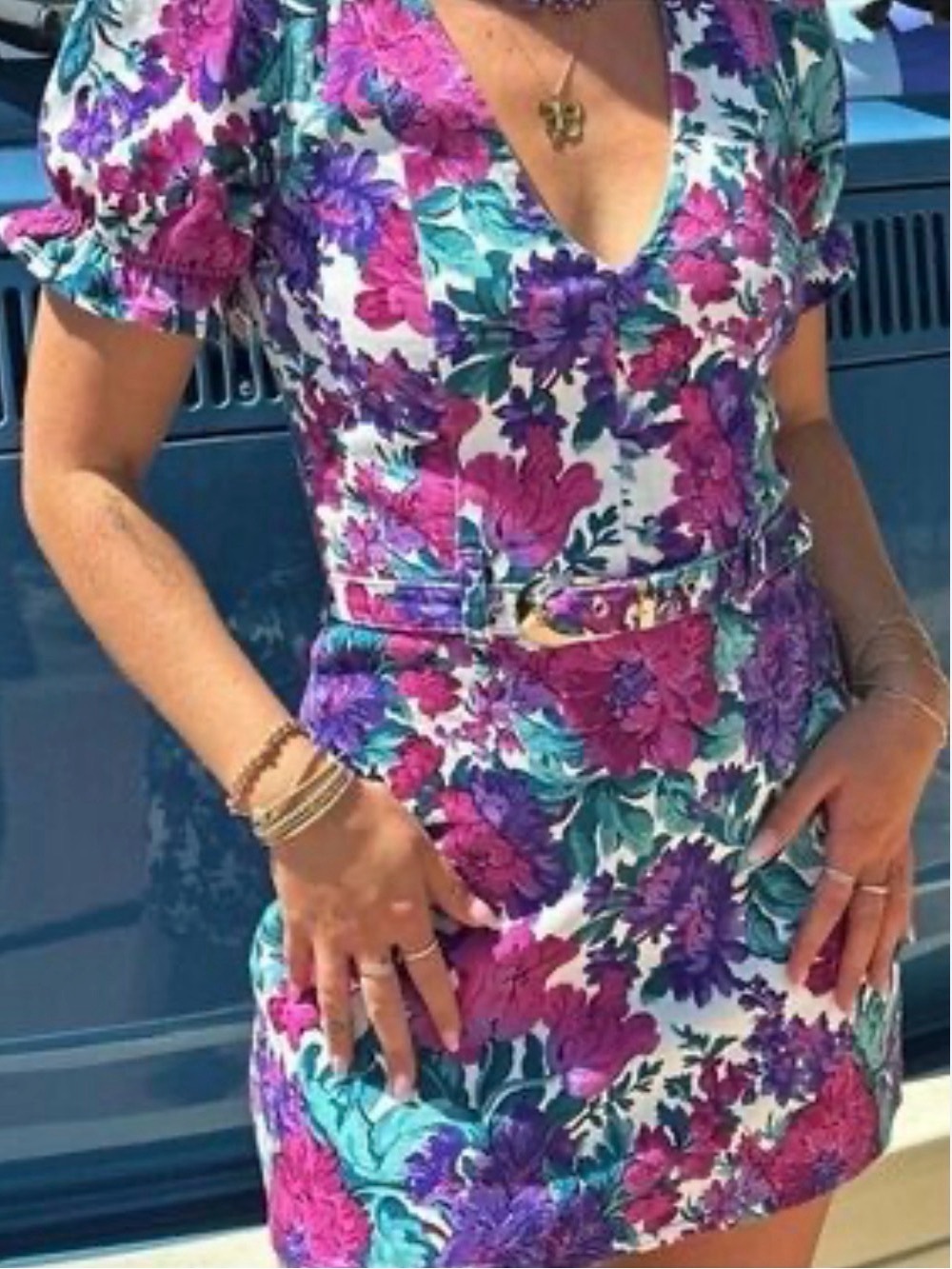 Show Me Your Mumu Zia mini dress magenta blooms denim large